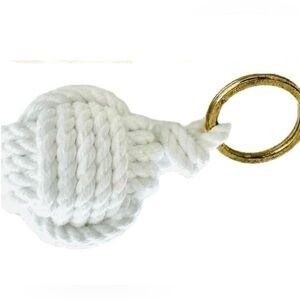 Nautical Monkey Fist Knot Keychain, White Cotton Rope with Rustic Brass Ring
